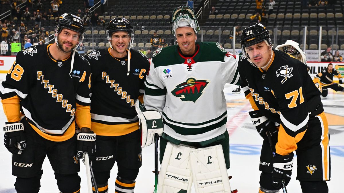 Kris Letang, Sidney Crosby, Marc-Andre Fleury and Evgeni Malkin in warmups at PPG Paints Arena on Tuesday